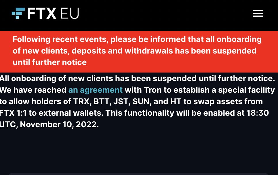 #FTX_EU Suspended in whole. 

"for the #protection of the #investors and the orderly operation of the #market".

"The <a href="/CySEC_official/">CySEC - Cyprus Securities and Exchange Commission</a> announces that the authorisation of the #Cyprus Investment Firm #FTX (#EU) Ltd, with number 273/15, is *suspended in whole.*

#crypto