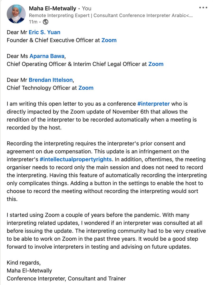 In an attempt to alert some decision makers at @Zoom to the impact of the Nov. 6 update on #terps and the infringement on their #intellectualpropertyrights, I wrote an open letter on LinkedIn tagging @ericsyuan, @AparnaBawa and @bittelson. Awaiting a response.