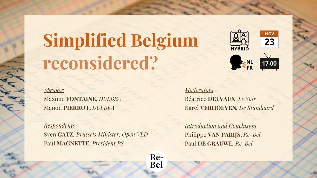 What are the financial implications for Brussels in a Belgium with #4regions 🫰❓

At our next hybrid event <a href="/MaximFontain/">Maxime Fontaine</a> &amp; <a href="/ManonPierrot/">Manon Pierrot</a> present <a href="/Dulbea_Ulb/">Dulbea</a>'s report, which will be discussed by <a href="/svengatz/">Sven Gatz</a> &amp; <a href="/PaulMagnette/">Paul Magnette</a>.

📅 23 Nov
🕛 17:00

Register now
rethinkingbelgium.eu/event/how-can-…