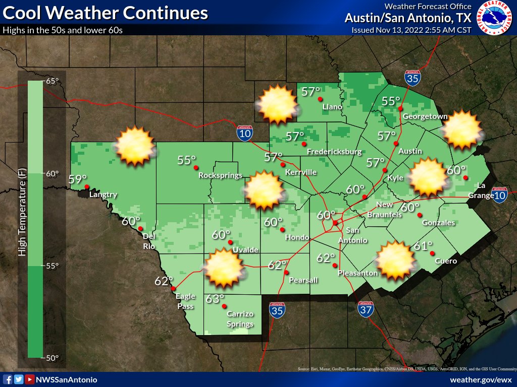 NWSSanAntonio's tweet photo. Cold weather fans, Assemble! Highs today will be in the 50s and lower 60s. Rain chances return Monday, but the cold weather sticks around this week with highs in the 50s and lows in the 30s for most areas Tuesday through Friday. https://t.co/dFsnrtIotq