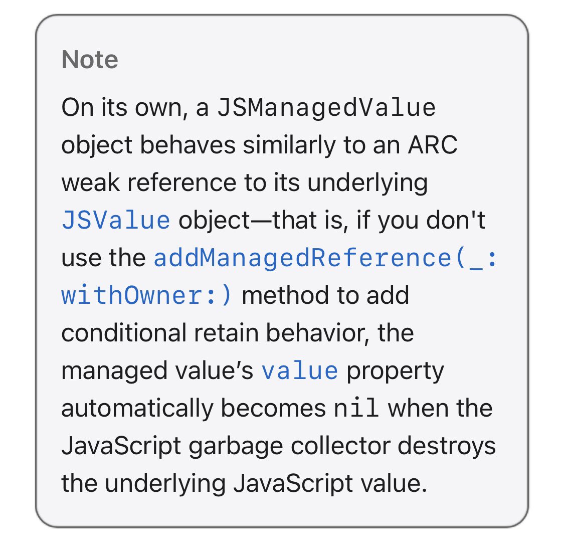 Statusindikator's tweet photo. @simonbs Do you hold a reference to the JSValue that is wrapped in the JSManagedValue? Otherwise I think it’s this issue.

https://t.co/fGVZSsKq7v https://t.co/9vMeBM6Ljf