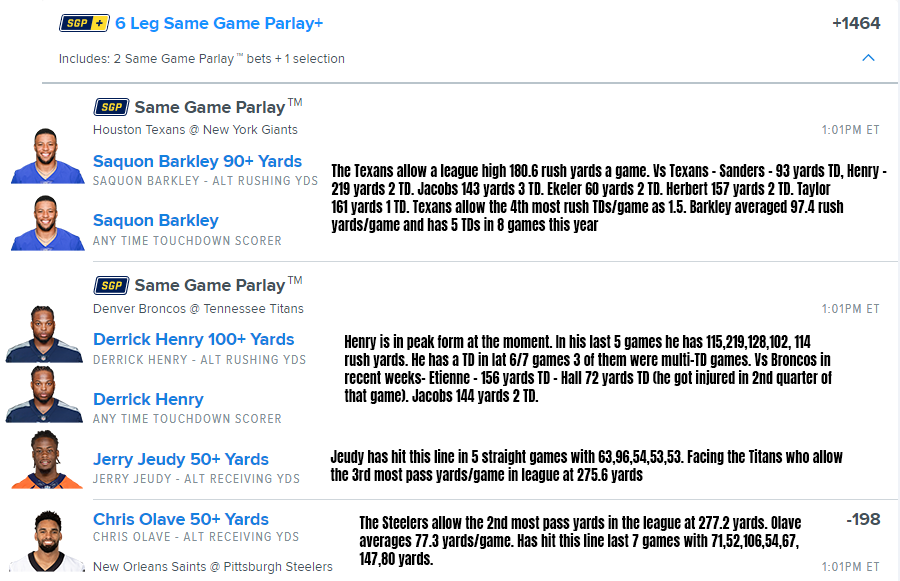 ParlayScience's tweet photo. NFL Sunday Parlay is ready to go! Little bit of a different approach this week. Jeudy, Olave, Barkley in absolute monster spots. Henry has been dominant for the Titans. Let's have a day! https://t.co/Az7g46wp3P