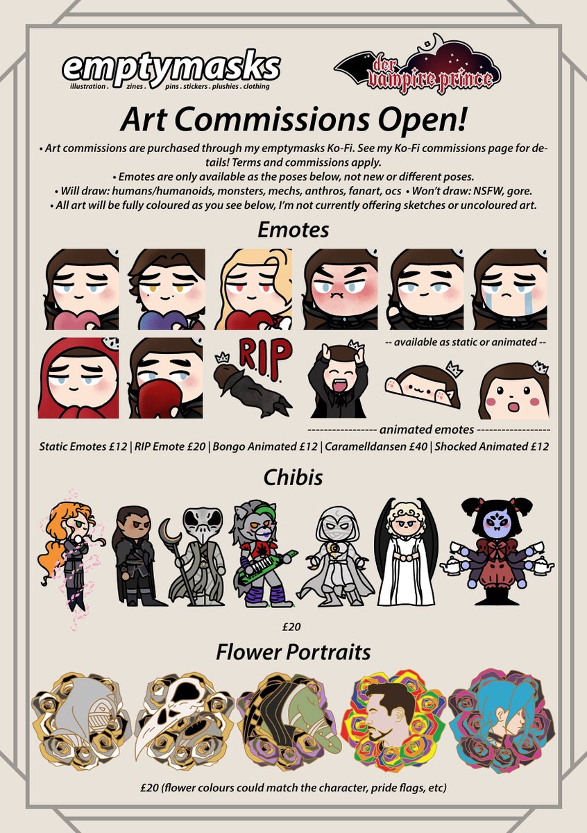 emptymasks's tweet photo. Hello, I'm Damien, I'm a freelance illustrator and have an Etsy shop💙

I make fanart, have original characters &amp; comics and am a cosplayer! I'm also a voice actor and VTuber over on @dervampprince

Art commissions are open! Socials and links: https://t.co/jxOXRkjhYx https://t.co/FcpSZRD37L