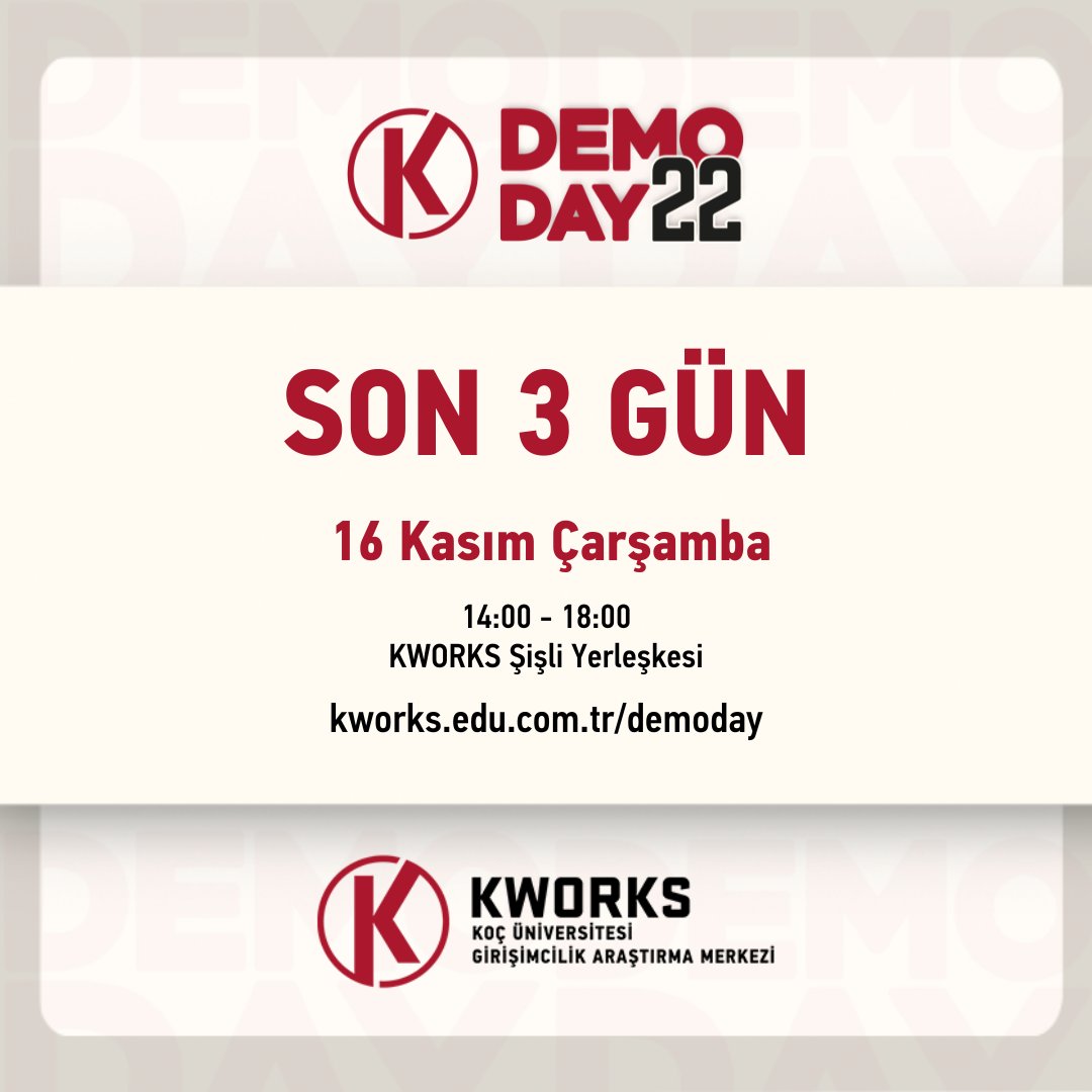 kworkscenter's tweet photo. KWORKS'22 Demo Day'e Son 3️⃣ Gün!

KWORKS'22 Demo Day 16 Kasım Çarşamba günü Şişli Yerleşkesi'nde yıl boyunca yürütülen hızlandırma programlarında yer alan girişimlerin sunumları ile gerçekleşecek! 🚀 https://t.co/jcPGUoVHci
