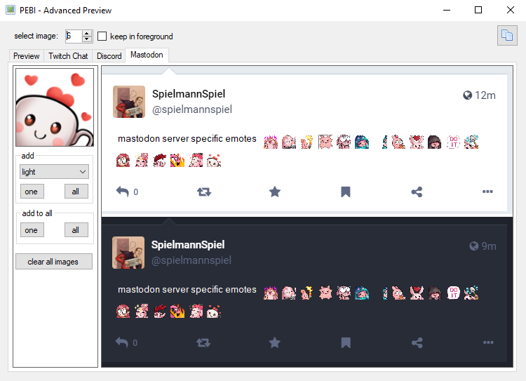 SpielmannSpiel's tweet photo. .@vanlau_ requested #mastodon emote support for #PEBI, so PEBI will have mastodon #emote support in the next release https://t.co/dp3egRPODE