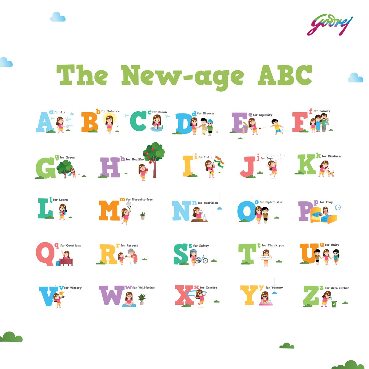 GodrejEnt_group's tweet photo. We can't stop singing to the #NewAgeABC Song. We hope you're singing to it too. Here's the New-age ABC Chart. Save it, print it, and put it up where your little ones can see it. Let it lead them to a better tomorrow. ​
​Watch the song on https://t.co/Krk8OMdTXq. https://t.co/UN3PNeuEoi
