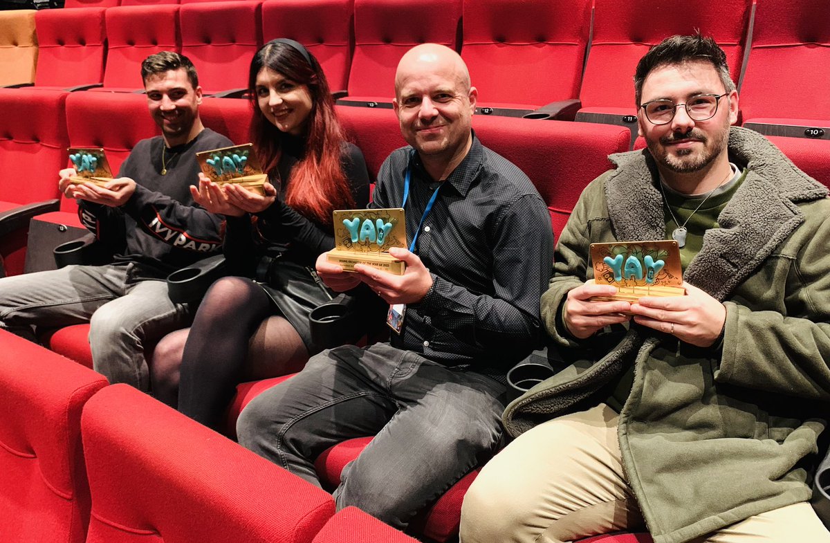 YoungAnimatorUK's tweet photo. And we’re about to kick off with the first ever Young Animator of the Year awards - in real life at @mcranimation! Here are the amazing trophy creators @one_6th Animation with the ceremony presenters Tom and Chloe 🎉🏆 Good luck to all nominees!!! https://t.co/lp4wR0GH1w