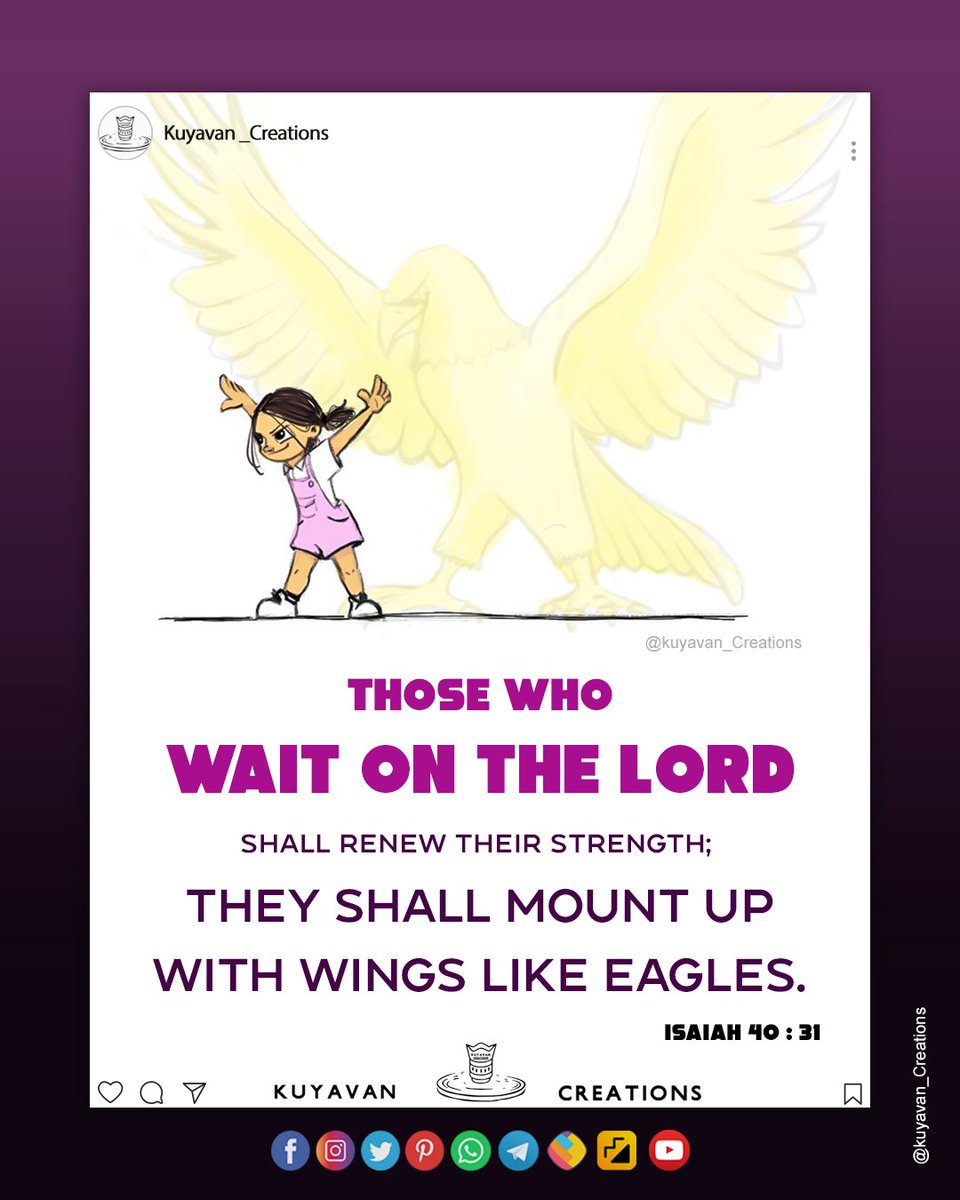 Kuyavancreation's tweet photo. Those who wait on the Lord Shall renew their strength; They shall mount up with wings like eagles. Isaiah 40:31
#verseoftheday📖 #eagles
#renew #newstrength #newpower #waitingforyou #waitforjesus #wings #sundayvibes #sundayevening #tamilbibleverse #telugubibleverses https://t.co/gwDQZJV4nn