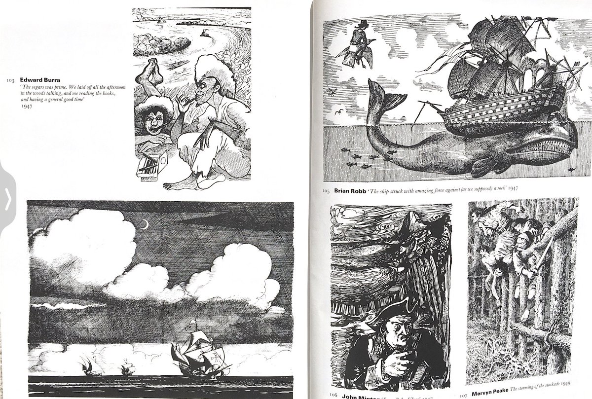 mooseandmouse's tweet photo. Random spread from William Feaver’s When We Were Young:
#EdwardBurra a real one-off, #CWalterHodges no one better at historical subjects, #BrianRobb my old Head of Illustration at RCA (sweet man) #JohnMinton charismatic versatile troubled artist, #MervynPeake all round genius https://t.co/j3ESVZnUFX