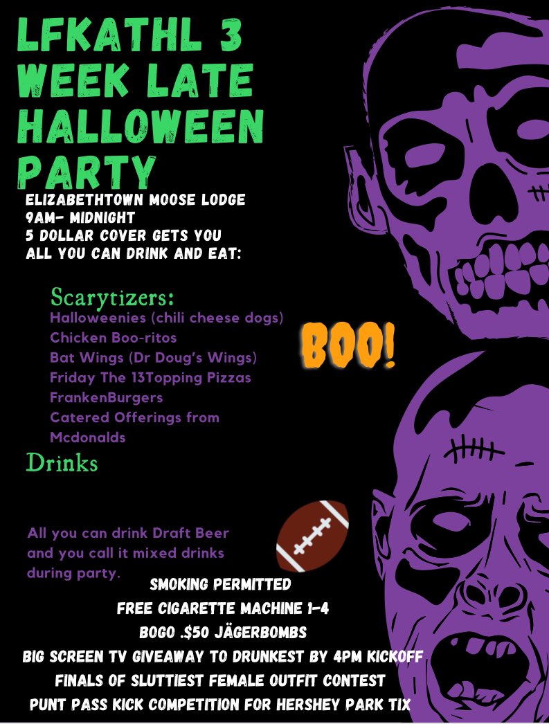 TheLFKATHFL's tweet photo. Better late than never #LFKATHFL Universe. We will see you down at The Moose for The 2nd Annual Halloween Bash! @RauLisLuar @ItsKyleGroff @Wes2CK @scrollzombie @The_Crafty_Vet @byeag13 @Yoshimillz @huskerscorpdawg @EricG1213 @c_fulm28 @tonyfinnegan @Jholler30 https://t.co/hEBxG08jM8