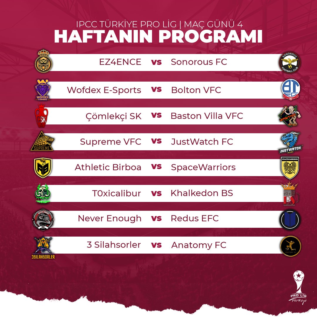 🗓️ IPCC Türkiye Pro Ligi 3. ve 4. Hafta maçları ile devam ediyor!

İşte haftanın programı 👇