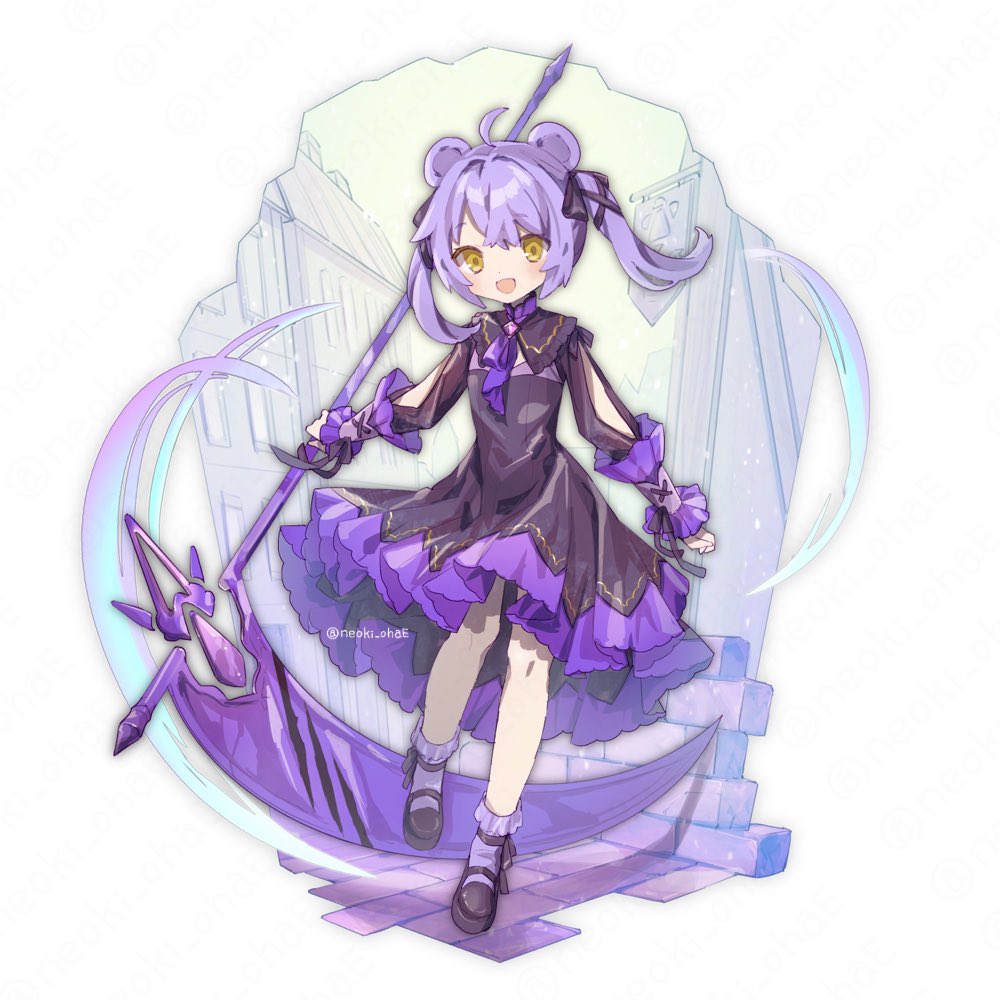 1girl dress scythe solo purple hair holding black dress  illustration images