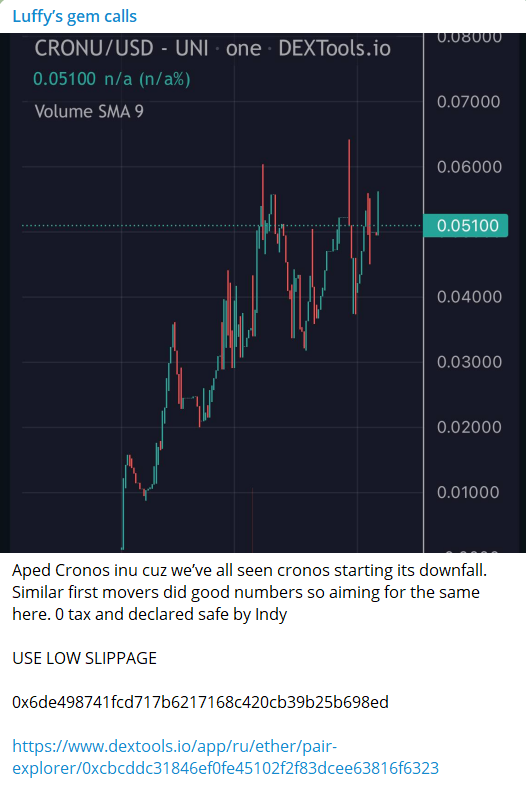 CronuERC's tweet photo. Whales joining and buying bags in $CRONU 🔥
Also telegram chad Luffy just aped and joined our journey. 👀
#CRONU #CRO #CRONOS #CRONOSINU #INU #ETHEREUM #ETH https://t.co/zkEx0ShLfG