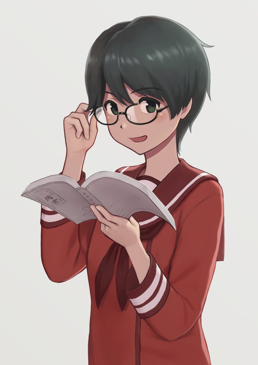 mogami (kancolle) 1girl solo school uniform short hair glasses serafuku black hair  illustration images