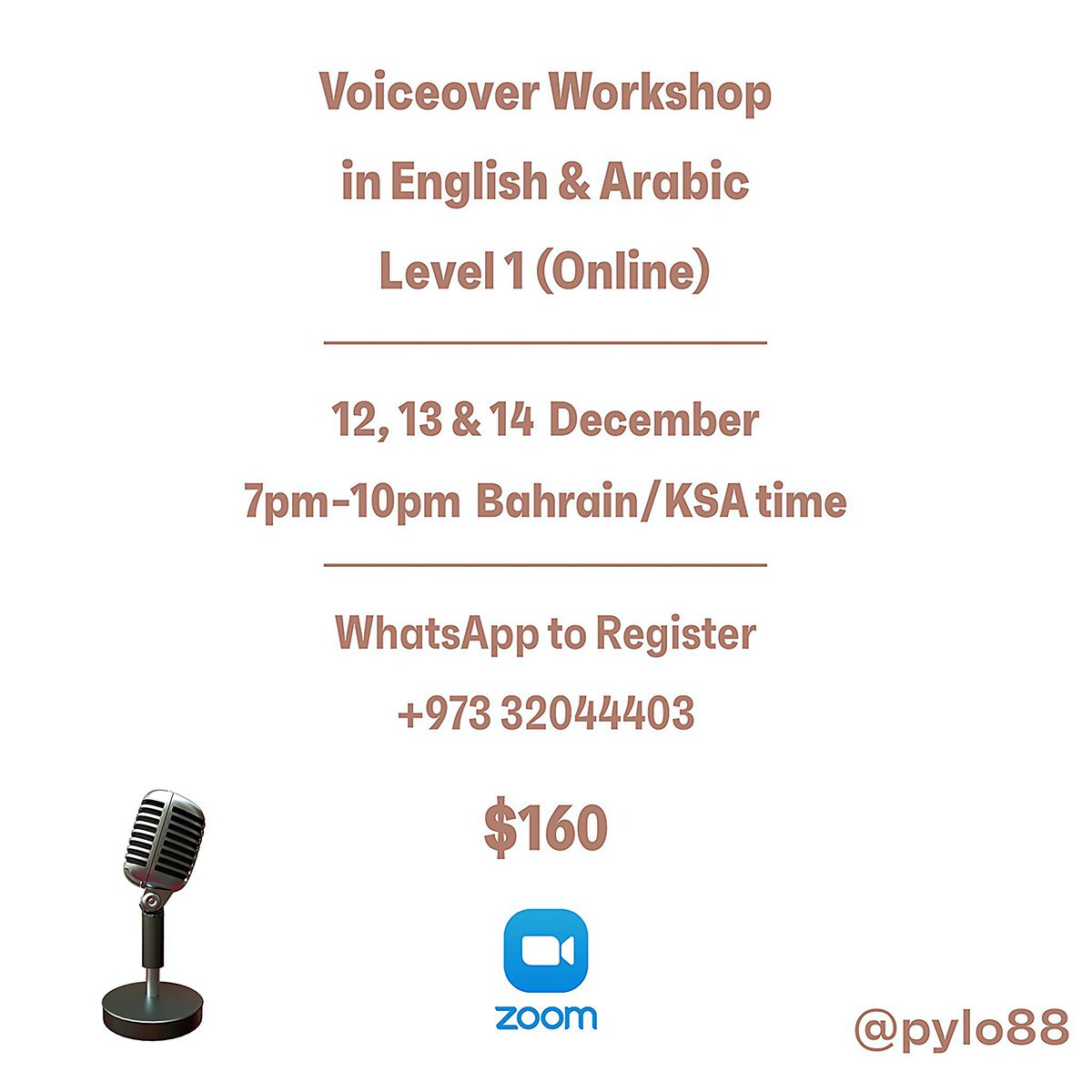 pylo88's tweet photo. Online Voiceover Workshop in both English &amp; Arabic (details in the post)

دورة التعليق الصوتي باللغتين العربية والإنجليزية اونلاين (التفاصيل في البوست) https://t.co/OqGqCehRQm