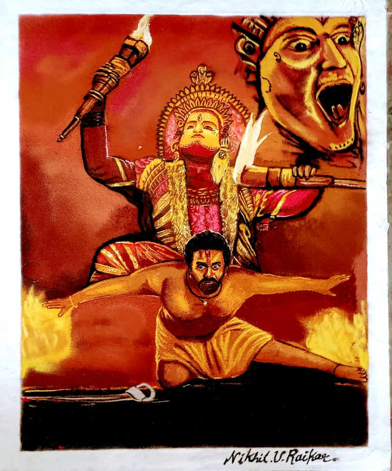 AapKaAshishji's tweet photo. Art by my friend Nikhil Raikar today at Mahadevstan Temple Fair in Karwar. Tribute to sir @shetty_rishab #KantaraMovie #rishabhshetty https://t.co/WMshjqXnox