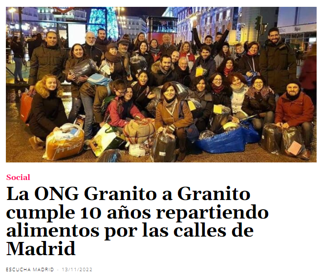<a href="/GranitoOrg/">GranitoaGranito.org</a> nació en 2012, cuando Camilo y Claire empezaron a salir por las calles para repartir comida caliente a personas sin hogar. 

escucha.madrid/la-ong-granito…