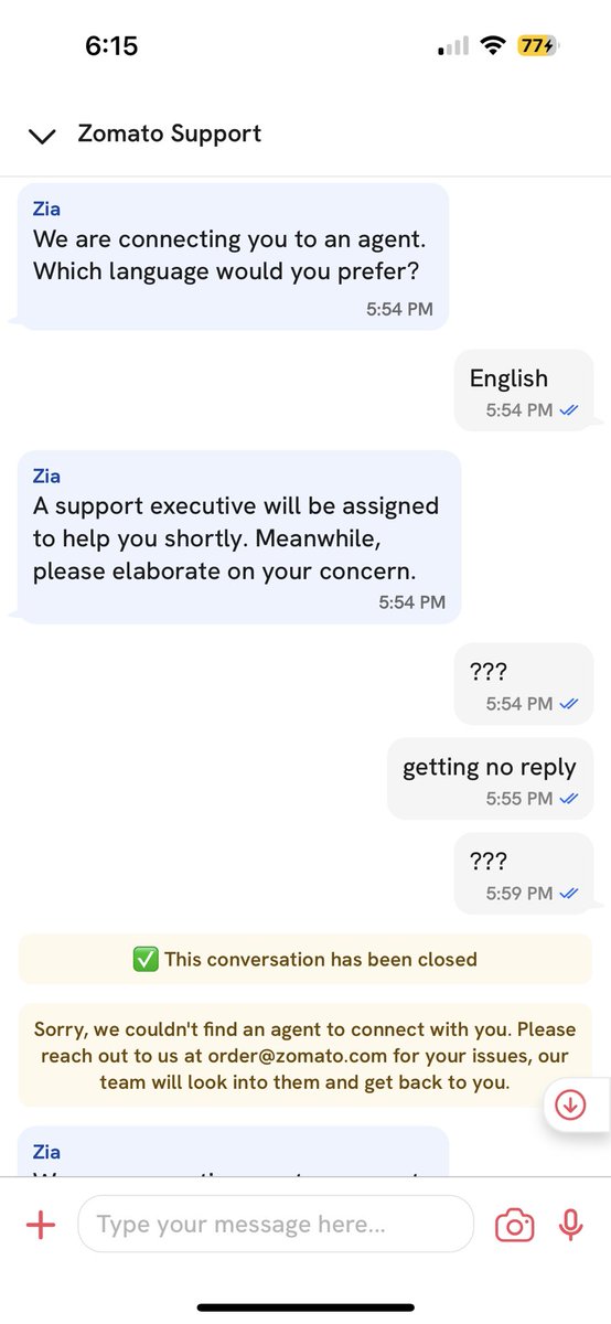 ashishpatankar's tweet photo. @zomato @zomatocare Getting no response from your team. Had ordered for intercity delivery. Expected delivery was at 3-6 pm. I have yo leave by 8:30. If you are not able to deliver atleast have some basic manners to respond https://t.co/NMK94EuGAX
