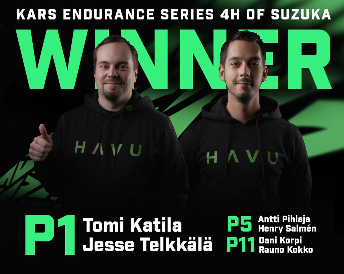 HAVUgaming's tweet image. #HAVUSIM Win from Suzuka! Congrats Tomi and Jesse, great driving! @KarsFi

#HAVUJA #simracingfi #esportsfi #iracing #simracing