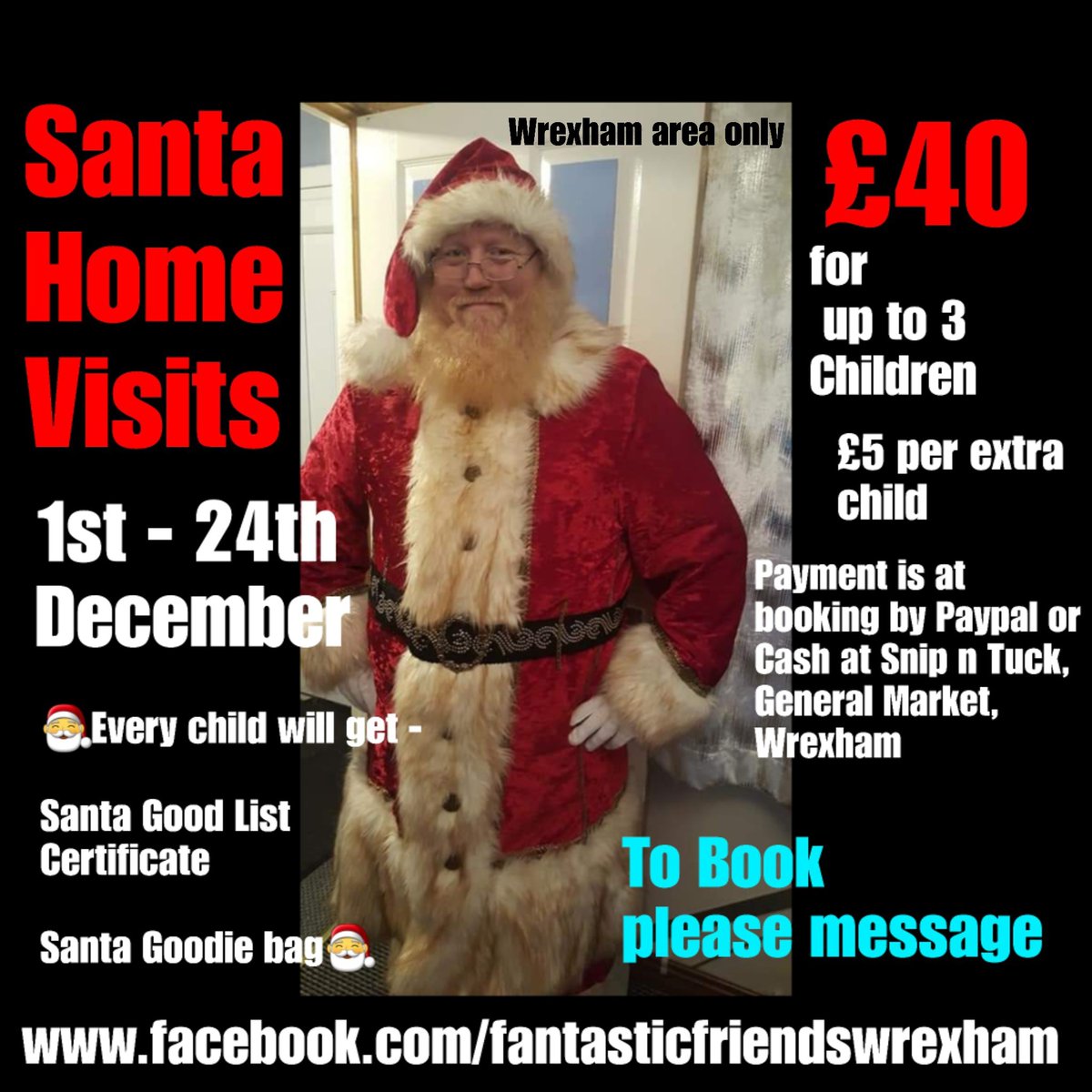 TuckSnip's tweet photo. 🎅 home visits 
Visits are £40 for up to 3 children &amp; £5 per extra child
 Wrexham area only.
To book message our page or pop into @TuckSnip General Market.
Full Payment is at booking, by paypal or Cash/card @TuckSnip General Market, #Wrexham.
Visits are from 1st-24th December https://t.co/LV6YsLxhs0