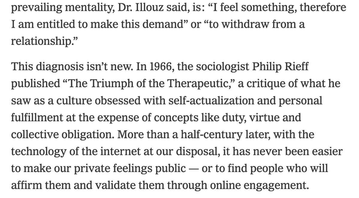 In The Coddling, great untruth #2 was "always trust your feelings." Here @NotoriousTIB shows how social media spreads it, hitched to the triumph of the therapeutic: 

nytimes.com/2022/11/12/opi…