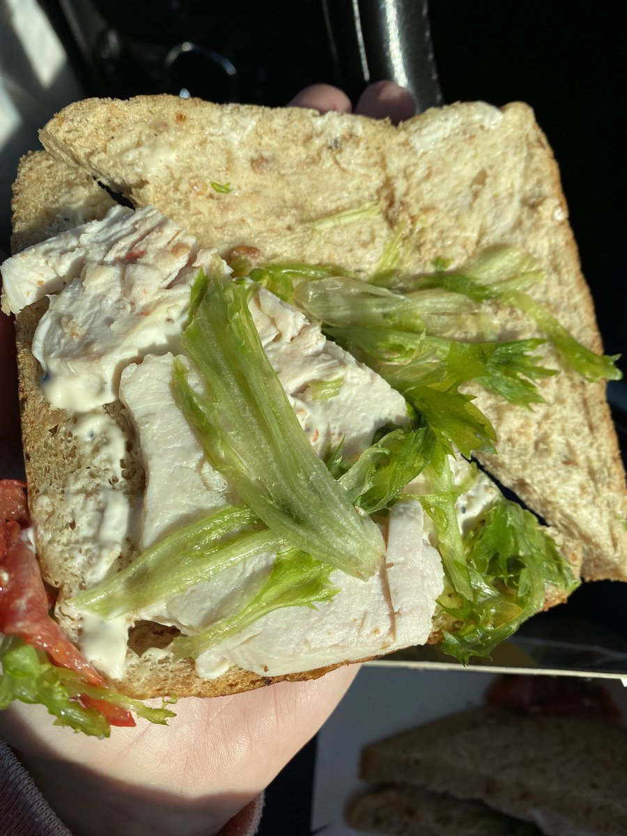 EvsBethan's tweet photo. @waitrose just bought a roast chicken salad sandwich from Waitrose Membury Eastbound Services however contents is frozen. Pictures show ice on meat and salad. I clearly can’t return to the service station as I have now driven away. Please advise on further action I should take. https://t.co/IMoYPQcXIs