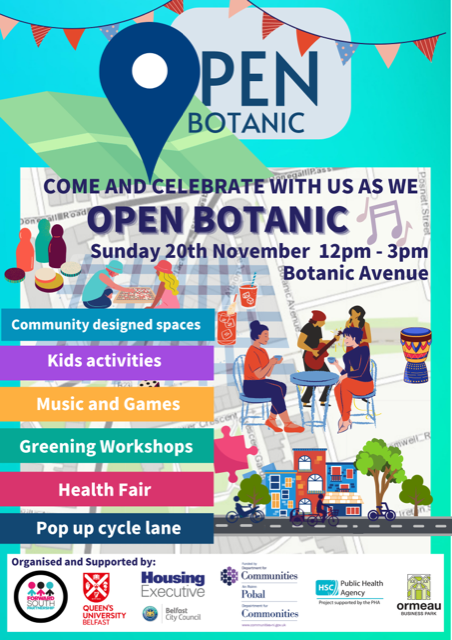 This time next week is Open Botanic!
A day for the community around us to come together and enjoy the space of Botanic Avenue and surrounding areas, 12-3pm.
There'll be a pop up bike lane, pedestrianisation, and lots of fun things to get involved in!
See you there!