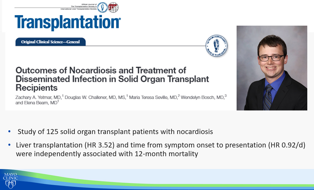 Mayo Clinic Infectious Diseases (@mayoclinicinfd) on Twitter photo #ScholarlySunday
Congratulations to our co-chief fellow Dr. Zachary Yetmar <a href="/ZYetmar/">Zach Yetmar</a> on the publication of his research on #Nocardiosis in #SOT transplant recipients. <a href="/AST_IDCOP/">Infectious Diseases Community of Practice - AST</a> <a href="/ElenaBeamMD/">Elena Beam</a> #ScholarlySunday
Congratulations to our co-chief fellow Dr. Zachary Yetmar <a href="/ZYetmar/">Zach Yetmar</a> on the publication of his research on #Nocardiosis in #SOT transplant recipients. <a href="/AST_IDCOP/">Infectious Diseases Community of Practice - AST</a> <a href="/ElenaBeamMD/">Elena Beam</a>