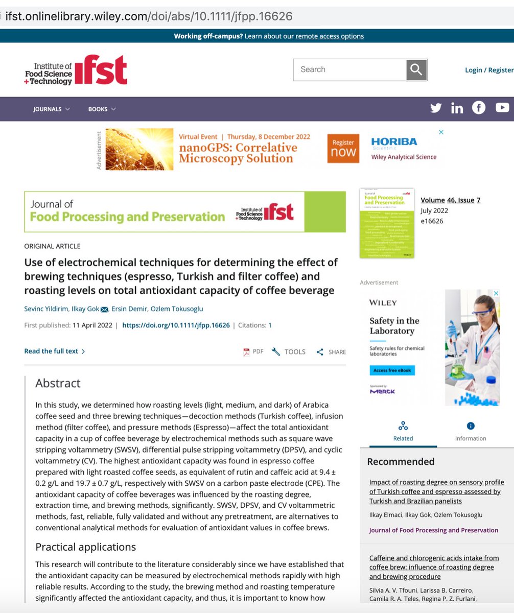 61. SCI index makalemiz, WILEY-JFPP` de -Journal of Food Processing and Preservation.
Analitik elektrokimyasal yöntemlerle farklı proses edilmiş  kahve tiplerinde efektif ve hızlı antioksidan kapasite belirlenmesi konulu...