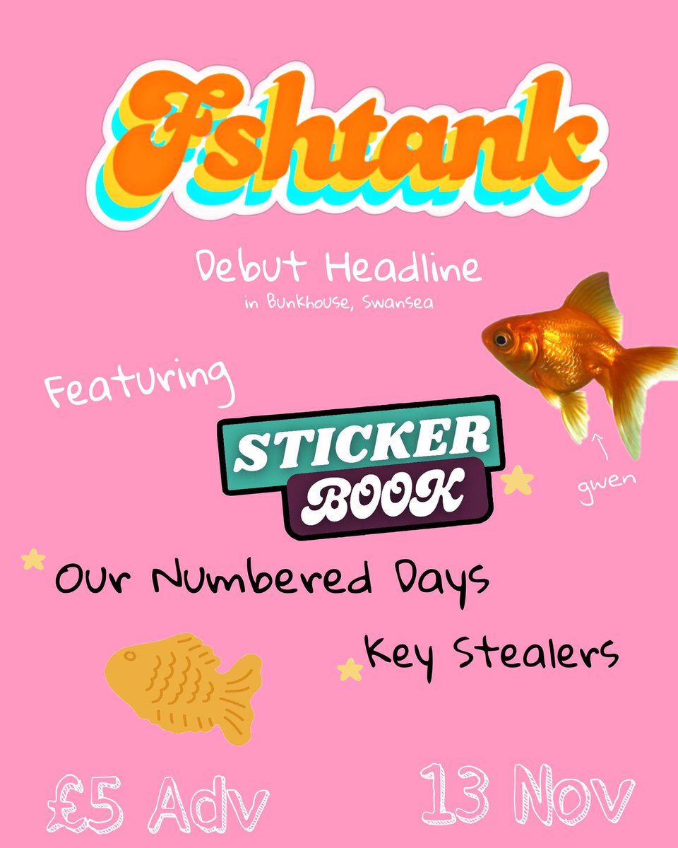 📅 TONIGHT!!⇩
Catch the debut headline show from Swansea's <a href="/fshtank_uk/">fshtank</a>! 🐟🎸

+ Special guests:
Stickerbook
Our Numbered Days
Key Stealers

🎟️ £5 ADV | Doors 18:00

Get your tickets ⇨ ticket247.co.uk/Event/111304

#TheBunkhouse #BunkhouseSwansea #Swansea
