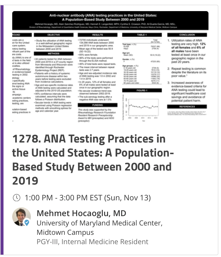 Mehmet Hocaoglu, MD (@hocaoglumd) on Twitter photo Do you think ANA is being over utilized? Check out our virtual poster! Our population-based study shows 12% of all females and %6 of all males have been tested at least once in the past 20 years in our geographic region. #ACR22 <a href="/lain_sanchez/">Alain Sanchez, MD</a> <a href="/AliDuarteMD/">Alí Duarte, MD</a> <a href="/CrowsonCindy/">Cynthia Crowson</a> Do you think ANA is being over utilized? Check out our virtual poster! Our population-based study shows 12% of all females and %6 of all males have been tested at least once in the past 20 years in our geographic region. #ACR22 <a href="/lain_sanchez/">Alain Sanchez, MD</a> <a href="/AliDuarteMD/">Alí Duarte, MD</a> <a href="/CrowsonCindy/">Cynthia Crowson</a>