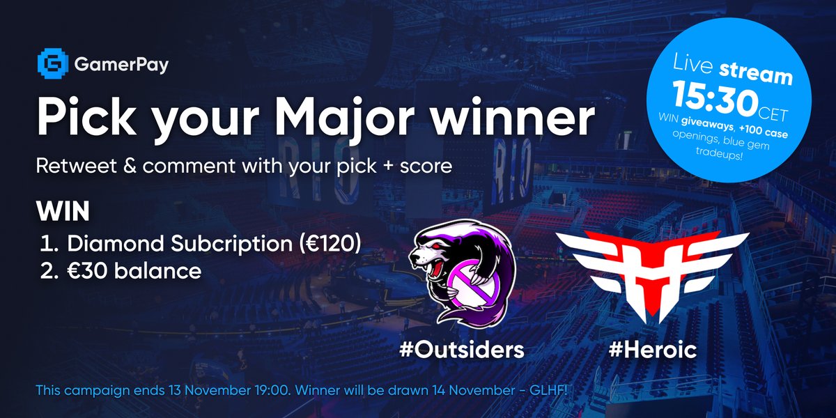 GamerPayGG's tweet photo. Who do you think will win the major? 
#heroic or #outsiders?

Win €120 subscription or balance! 🤑
📝 Comment with your pick 
🔁 Retweet this.

Remember to join us on Twitch stream 15:30 CET today for more giveaways, tradeups and case openings! https://t.co/EyN3Uem4Pu