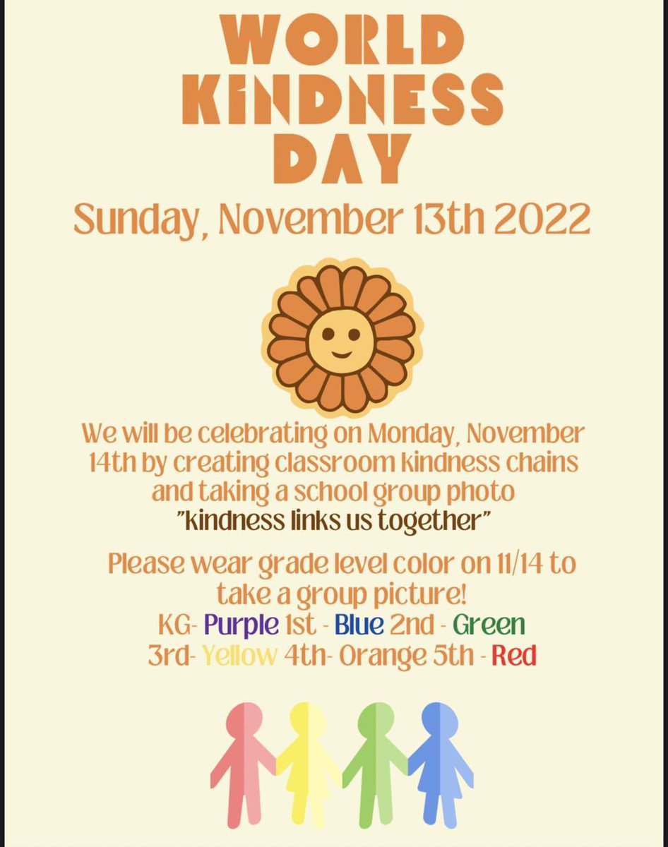 FreedomVolusia's tweet photo. 🌸 Happy World Kindness Day! 🌸 

We can’t wait to see each grade level back in school tomorrow in their special color!!

5th: ❤️ 4th: 🧡 3rd: 💛 2nd: 💚 

1st: 💙 PreK/K: 💜 https://t.co/PX8QZ3p2RN