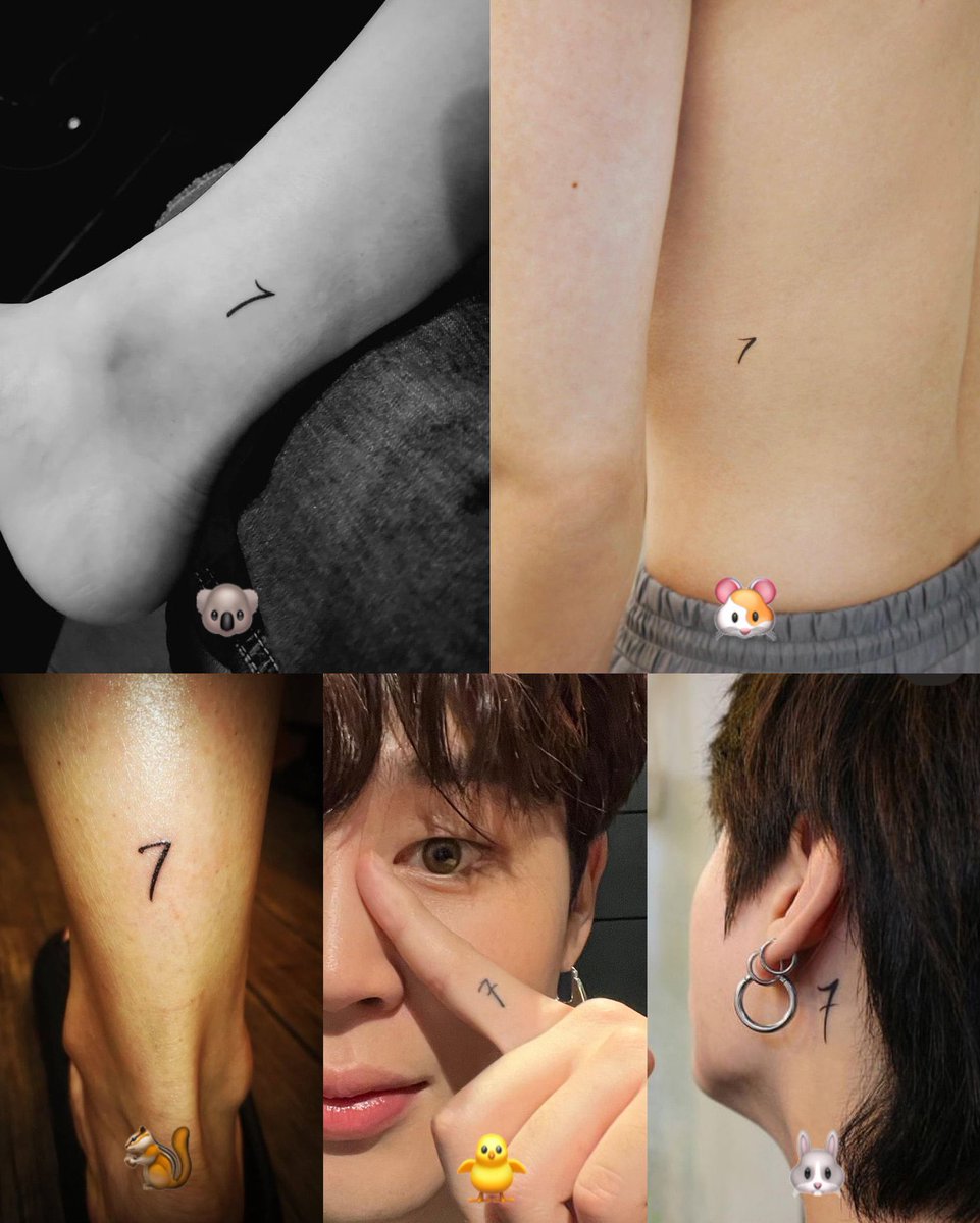 vminiecats's tweet photo. — Según parece en el  tatuaje de la amistad la hyung line tiene el 7 sin la línea horizontal de en medio y la maknae line con la línea dibujada, y al colocar todos los tatuajes juntos forman la palabra "BTS". Estoy llorando 😭 @BTS_twt https://t.co/yrzcYjfIWk