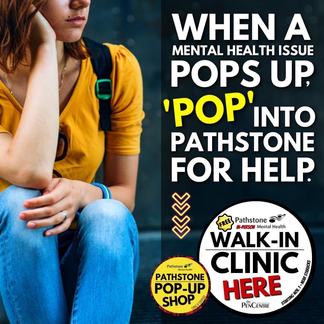 pathstonemh's tweet photo. Did you know that Pathstone has an In-Person Pop-Up Clinic at the @thepencentre? No appointment - No fee - No referral required. Clinic hours are M-T 10:30am to 5pm and F 12:30pm to 3:30pm. You don't have to do this alone. We got you
#kidsmentalhealth #wegotyou #youarenotalone https://t.co/TLQbEkVg5w