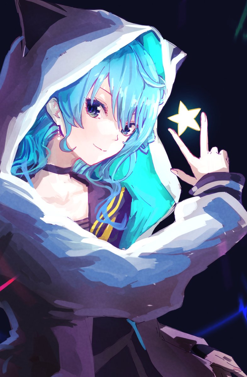 hoshimachi suisei 1girl solo hood blue hair hood up star (symbol) blue eyes  illustration images