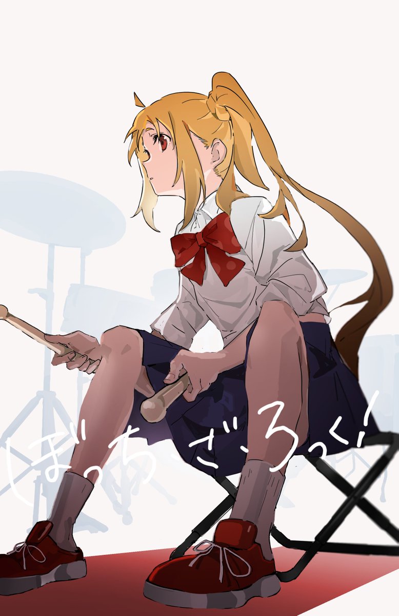 ijichi nijika 1girl drumsticks solo skirt shirt white shirt blonde hair  illustration images