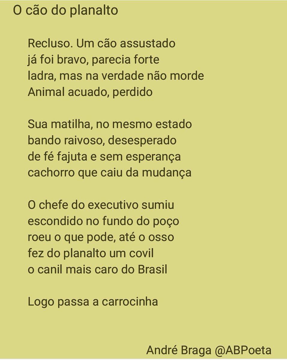 ABPoeta's tweet photo. #poesia #ABPoeta #forabolsonaro #planaltocentral #presidente #bolsonarismo #bolsonaroacabou #intervençãomilitar
#intervençãofederal #fascistas #fanatismo #fanaticos #foramilitares #bolsonaronacadeia #bolsominions #deusacimadetudo #deuspatriafamilia #fascismo #pelobemdobrasil https://t.co/g6rLZjDd31