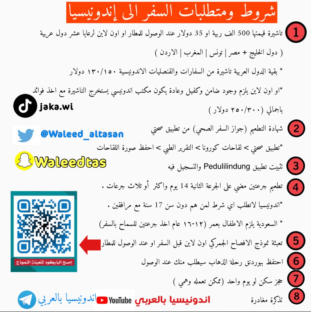 waleed_altasan's tweet photo. شروط ومتطلبات السفر الى #اندونيسيا في صورة واحدة 

رتوت لاعدمتكم لتصل لمن يطلبها بشكل مختصر شامل 🙏🏻 https://t.co/CSFZi0haEe