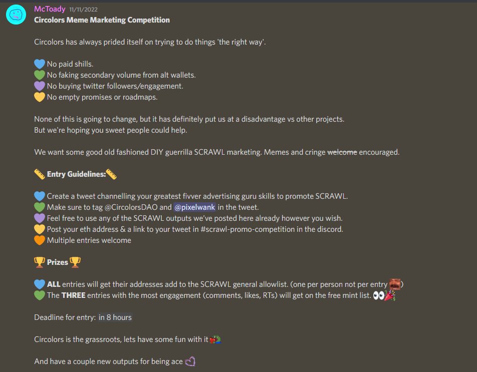 ~8 hours left to join the SCRAWL by <a href="/pixelwank/">pixelwank</a> competition to lock in your SCRAWL allow list spot 🫡

discord link in bio to get involved. 💙