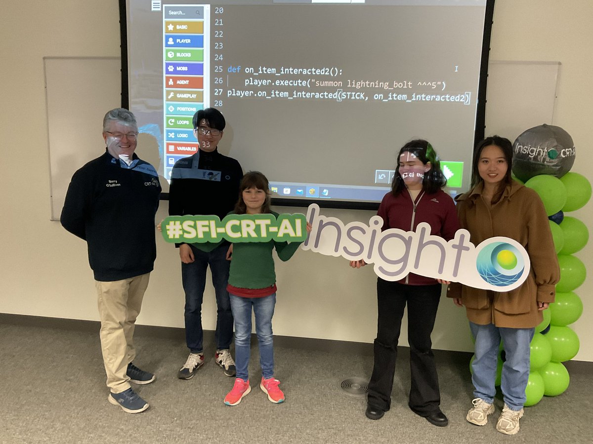 insight_centre's tweet photo. Delighted to have the Pragnell’s join us in casting #HarryPotter spells with #Minecraft #Python. #InsightEngage @BarryOSullivan @RPrangnell #believeinscience #ScienceWeek #CorkScience #AI@UCC @crt_ai @scienceirel https://t.co/dGAVBGj5l4