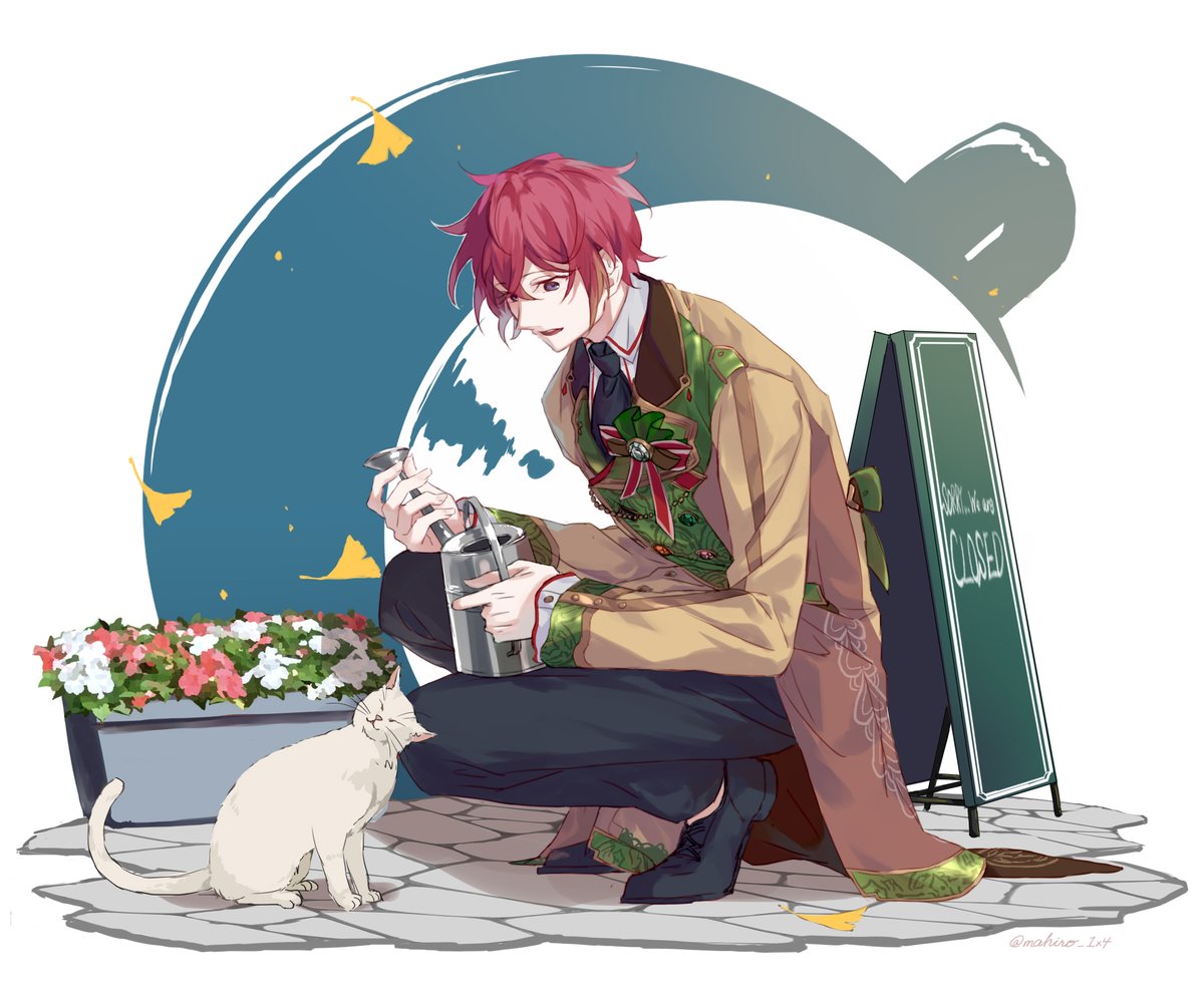 1boy male focus red hair cat bottle squatting pants  illustration images