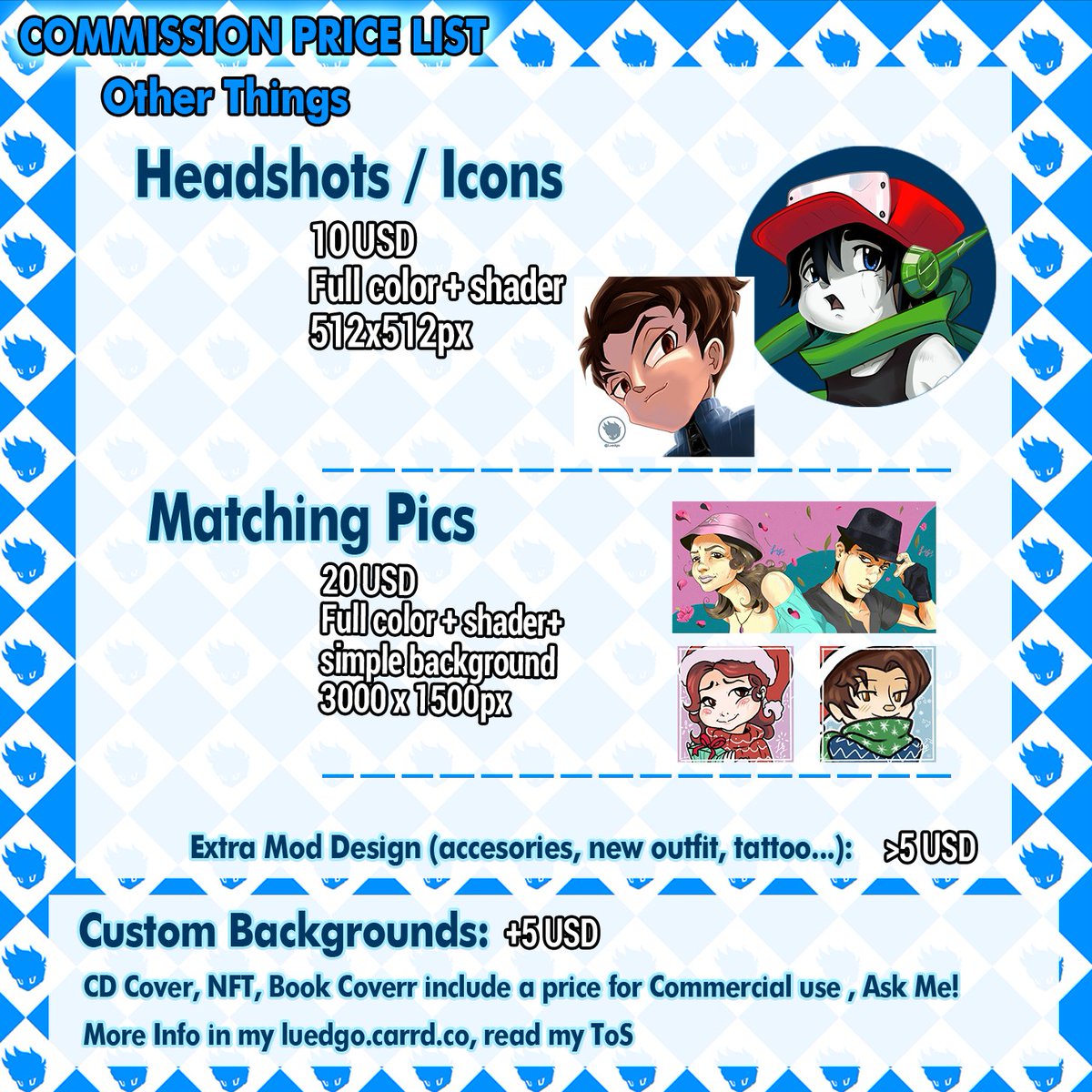 luedgo's tweet image. My Commission Price list/Mi lista de precios 
Nov 2022

Cualquier duda escriba en privado / Ask in PM
Y lea mi ToS / Please Read my ToS in my
luedgo.carrd.co

#commission #pricing #freelancer #sticker #emote #character #emoji #icon #fanarts #illustration