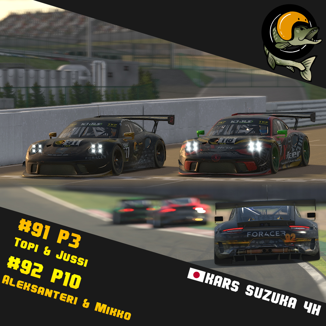 <a href="/KarsFi/">KARS.fi</a>  Suzuka 4H endurance in the books 💪🏻

91 with Topi &amp; <a href="/Inffis/">Jussi Kataja</a> awesome P3

92 with @hanska_ale and Mikko P10 while stewards evaluate results

Thanks guys for the hard work and Foracer for the support!

#simracingfi #esportsfi #iracing #suzuka #simracing #makepikegreatagain