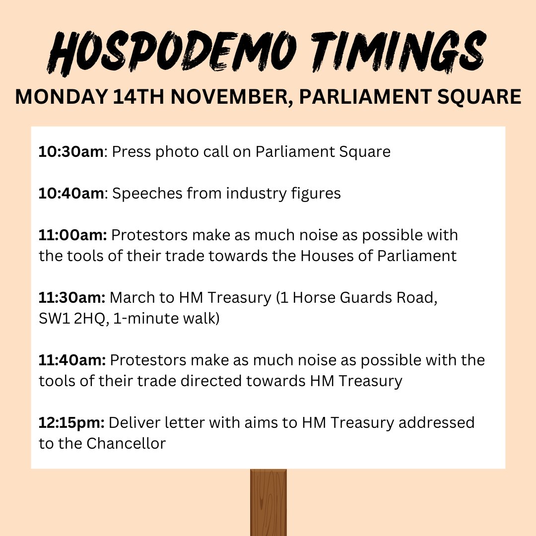 HOSPODEMO IS HAPPENING TOMORROW Show up for your industry to make some noise that the government can't ignore. We all have other things to be doing, but some things are too important to ignore. Let's show @hmtreasury that we mean business #savehospitality #hospodemo