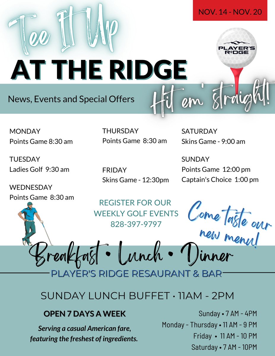 Tee it up AT THE RIDGE! Join us for everything going on, from our points game on Monday to a great dinner on Friday evening! Check it all out right here in the weekly newsletter! Be sure to check out our new menu!
ow.ly/e25r50LBntR