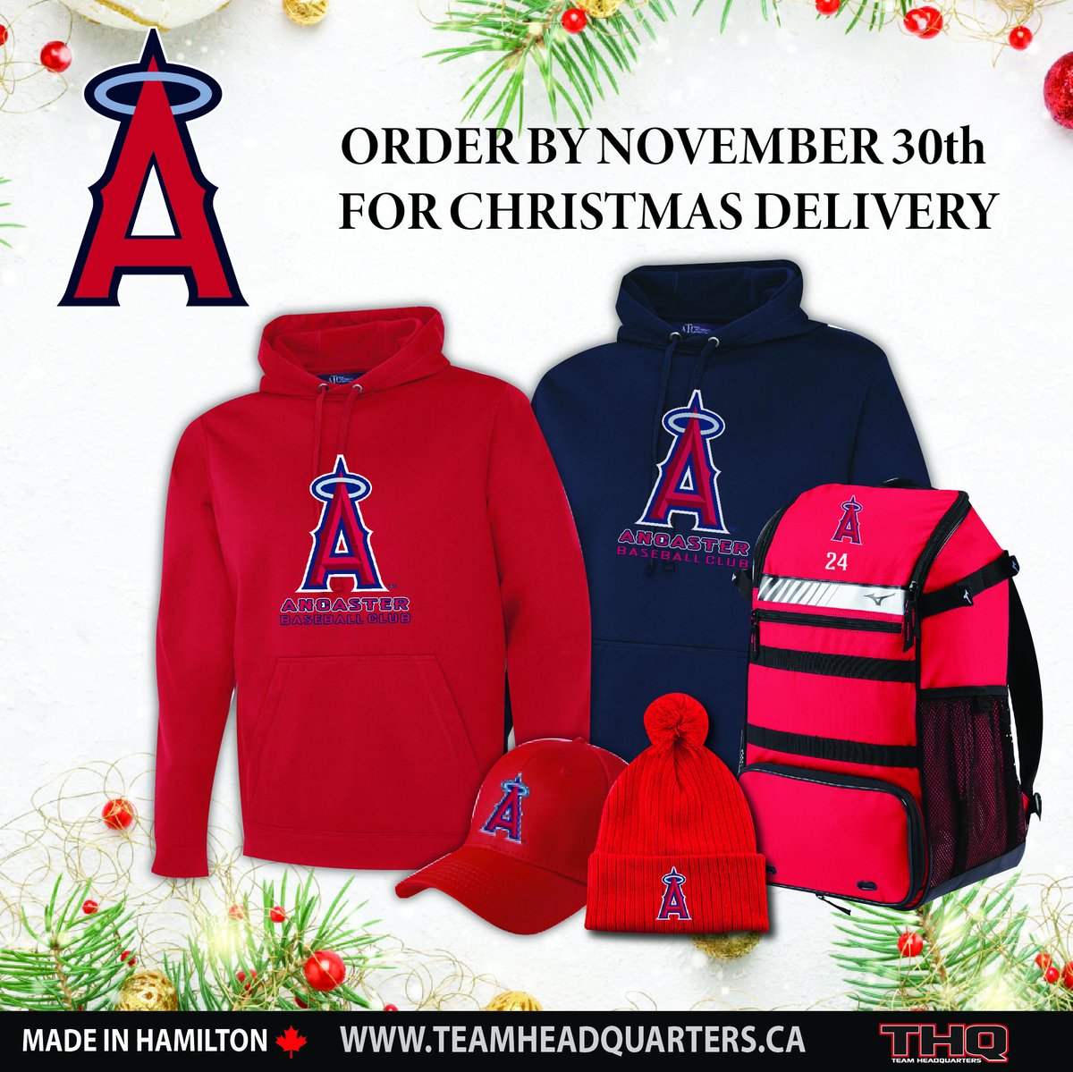 Order your <a href="/Ancaster_Angels/">Ancaster Baseball Association</a> spiritwear before November 30th and have it delivered in time for your family and friends this Christmas.  #Spiritwear #AncasterAngels #THQ #Christmas #ChristmasGift #Baseball #Angels #ChristmasShopping #TeamHeadquarters #Hoodies #Sweater #Backpack