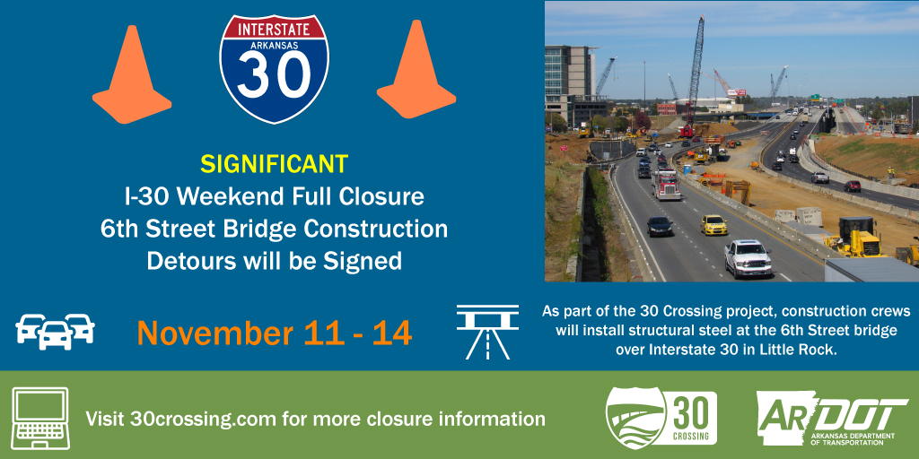 CURRENT CLOSURE ❗️: I-30 downtown will remain closed until 5 a.m. tomorrow morning; 🚧 Detours available here: ardot.gov/news/22-284/