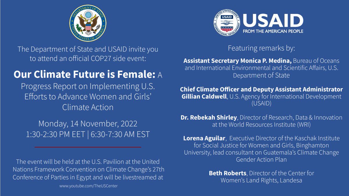 Landesa (@landesa_global) on Twitter photo Come to the <a href="/US_Center/">U.S. Center at COP29</a> at #COP27 TOMORROW at 1:30 pm to hear from experts <a href="/MonicaMedinaDC/">Monica Medina</a> <a href="/CaldwellUSAID/">USAID Chief Climate Officer Archived</a> <a href="/RebekahGShirley/">Dr. Rebekah Shirley</a> <a href="/LorenaAguilarCR/">Lorena Aguilar</a> & @Beth_Roberts81 about advancing women & girls' climate action.
🖥️ Livestream also available: youtube.com/TheUSCenter @SciDipomacyUSA Come to the <a href="/US_Center/">U.S. Center at COP29</a> at #COP27 TOMORROW at 1:30 pm to hear from experts <a href="/MonicaMedinaDC/">Monica Medina</a> <a href="/CaldwellUSAID/">USAID Chief Climate Officer Archived</a> <a href="/RebekahGShirley/">Dr. Rebekah Shirley</a> <a href="/LorenaAguilarCR/">Lorena Aguilar</a> & @Beth_Roberts81 about advancing women & girls' climate action.
🖥️ Livestream also available: youtube.com/TheUSCenter @SciDipomacyUSA