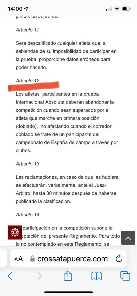 Segun el articulo 12 NO se debe descalificar a los corredores doblados en el Cto de España de Clubes. Hoy a 3 de mis corredores (entre otros muchos) del Castillejo Running Team los han descalificado.